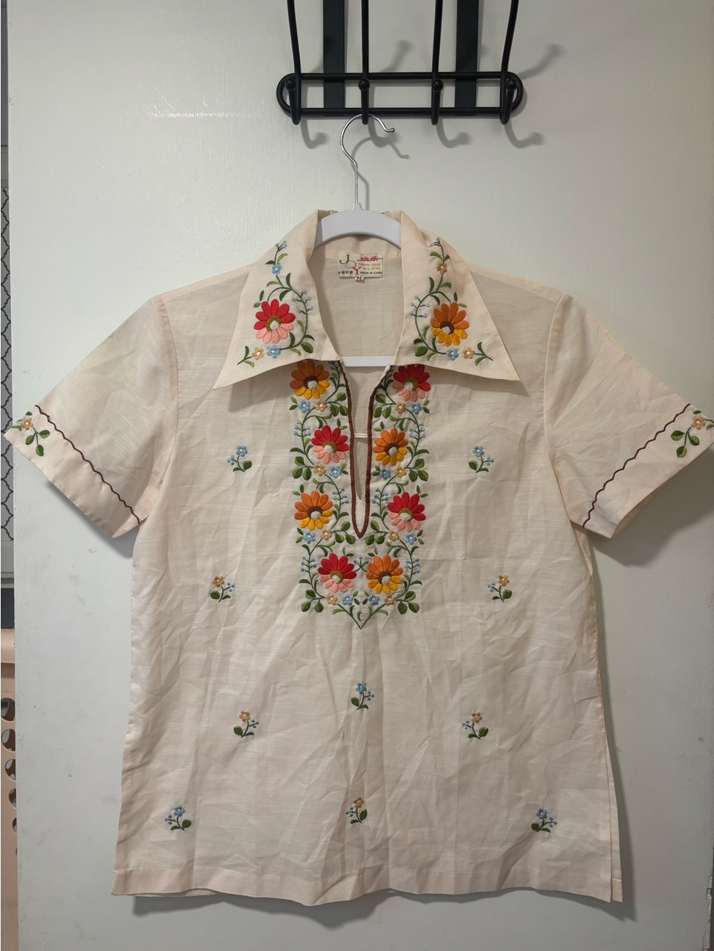 Vintage 70s Joy Embroidered Hippie Boho Blouse Hungarian Folk Top Shirt Sz M